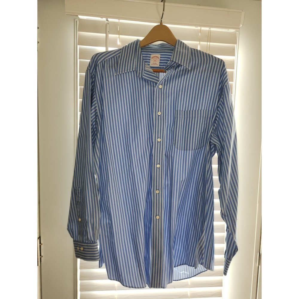 Brooks Brothers 346 Men's Non-Iron Dress Shirt 17 4/5 Blue Stripe Cotton